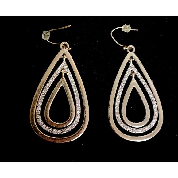 Vintage Gold Concentric Simulated Diamonds Teardrop Earrings 1.5 inch Pierced - Picture 1 of 9